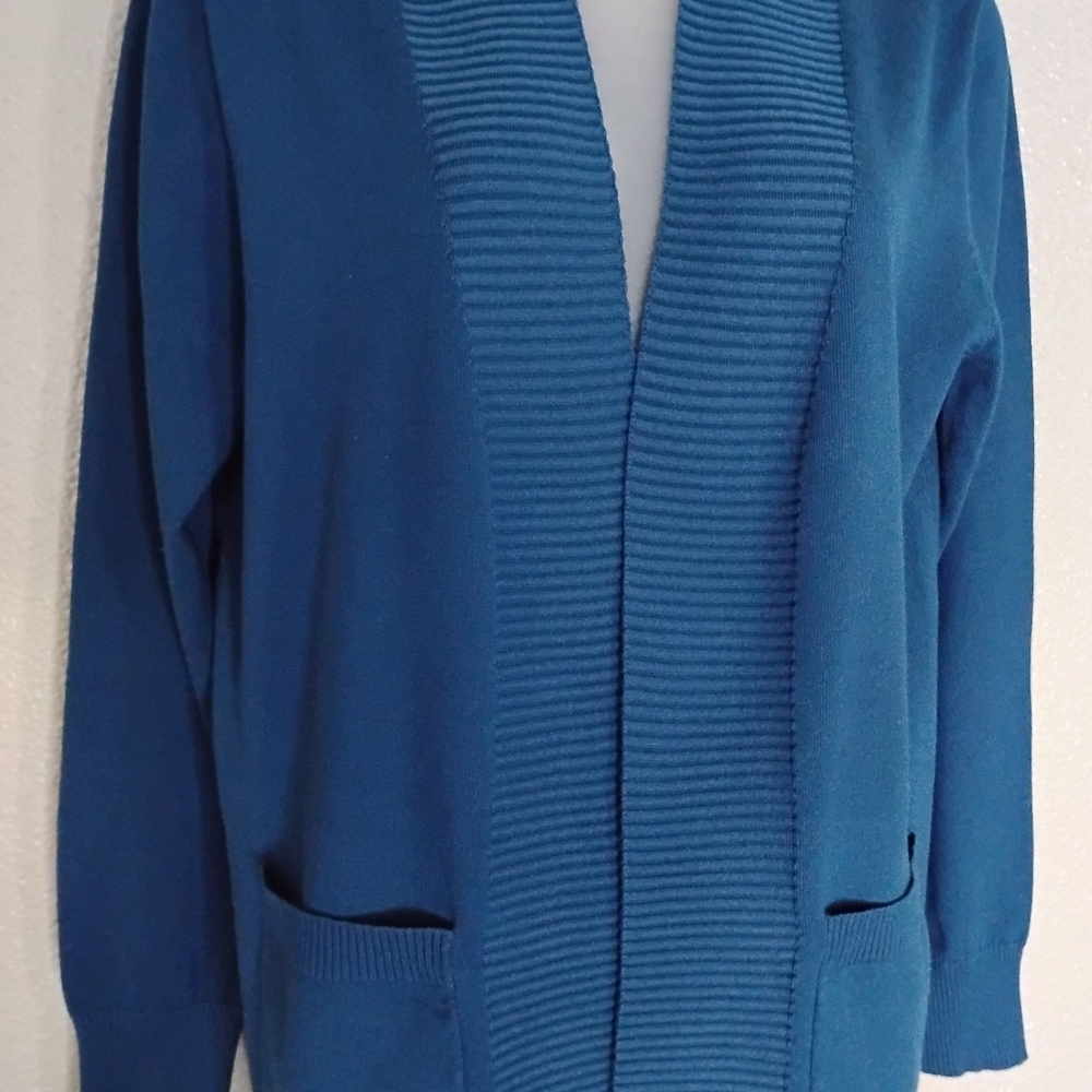 Teal Blue Ribbed Knit Open-Front Cardigan